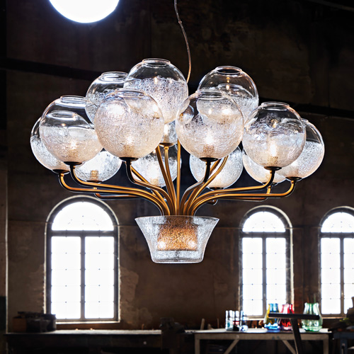 BOBLU LAMP. SOSPENSIONE BOBLU S CRAQUELE'  15 LUCI CR/CRAQUELE'. - MONT. ORO 801.810.I